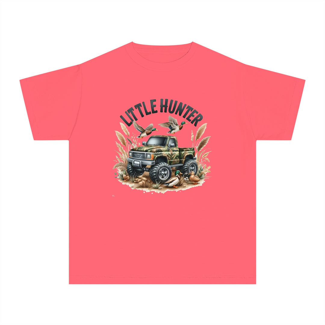 Little Hunter Kids Tee: Pink shirt with a truck and birds design. 100% combed ringspun cotton, light fabric, classic fit for comfort and agility. Ideal for active kids.