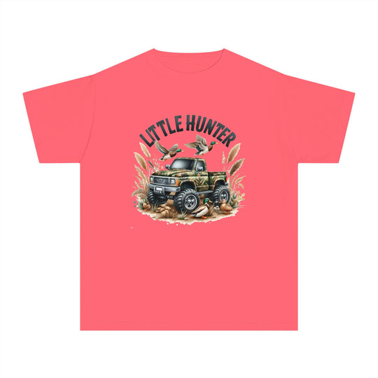 Little Hunter Kids Tee: Pink shirt with a truck and birds design. 100% combed ringspun cotton, light fabric, classic fit for comfort and agility. Ideal for active kids.