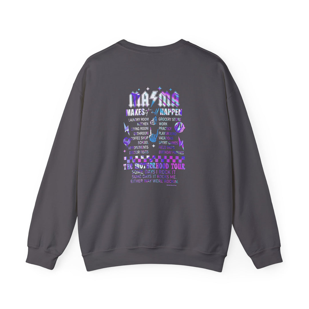 A grey unisex heavy blend crewneck sweatshirt with a purple and white design, featuring a logo with a lightning bolt. Made of 50% cotton, 50% polyester, ribbed knit collar, and no itchy side seams. Ideal comfort for any occasion.