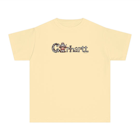 A yellow Cowhartt Cow Kids Tee featuring a cartoon cow with horns and a hat. Made of 100% combed ringspun cotton, soft-washed, and garment-dyed for comfort and durability. Perfect for active kids.