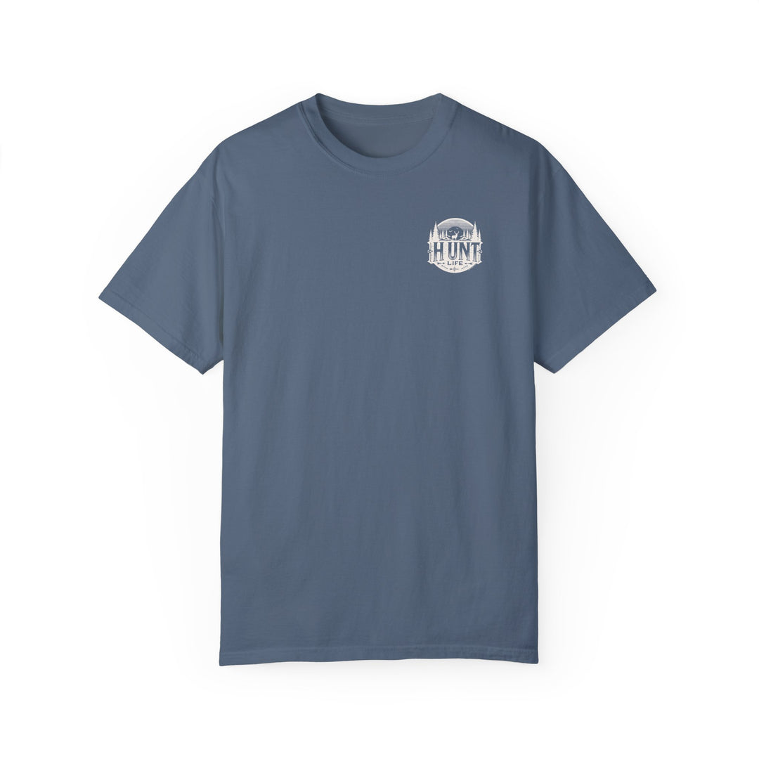 Raise Um Right Tee: Blue t-shirt with deer and trees logo. 100% ring-spun cotton, garment-dyed for coziness. Relaxed fit, double-needle stitching for durability, no side-seams for shape retention. From Worlds Worst Tees.
