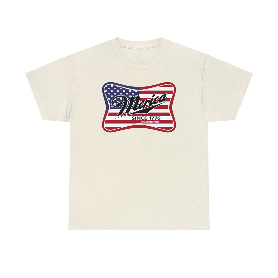 A classic Merica Tee, unisex heavy cotton with no side seams for comfort. Ribbed knit collar, durable tape on shoulders, and medium weight fabric. Sizes S-5XL. From 'Worlds Worst Tees'.
