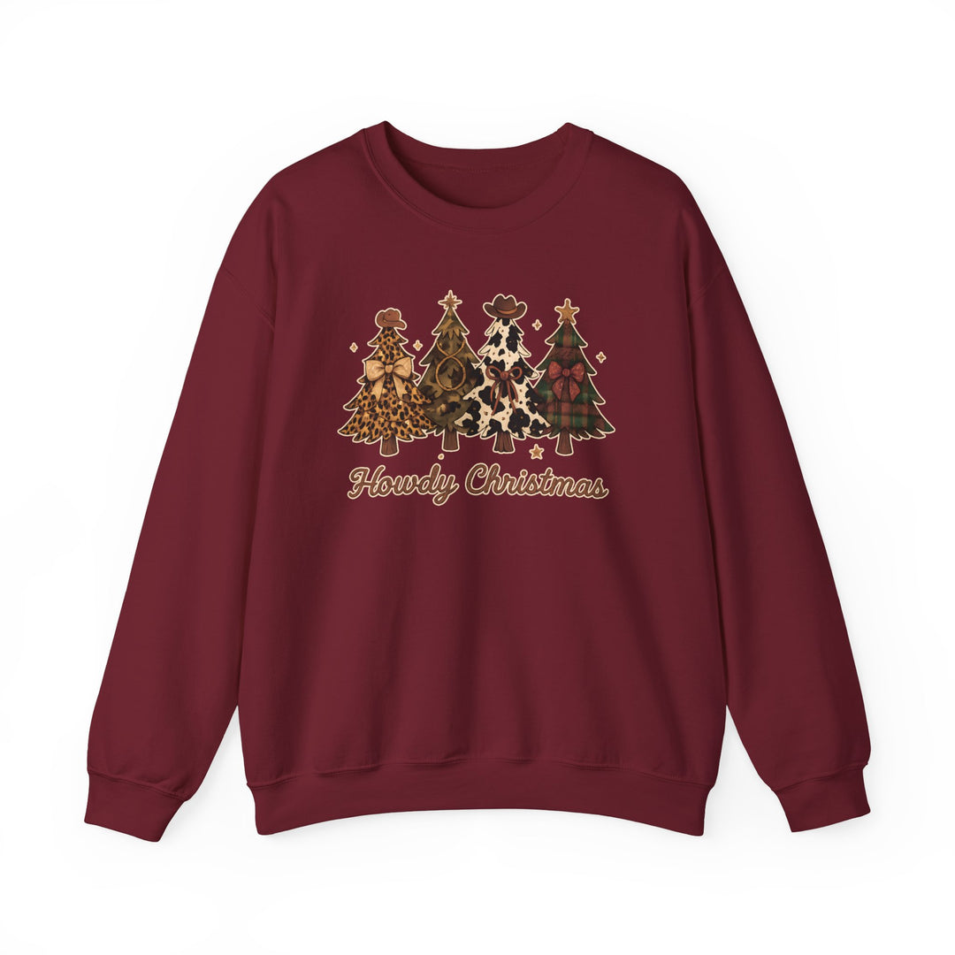 Howdy Christmas Crew sweatshirt featuring four patterned Christmas trees with bows and cowboy hat, complemented by Howdy Christmas script, ideal for cozy, festive wear.