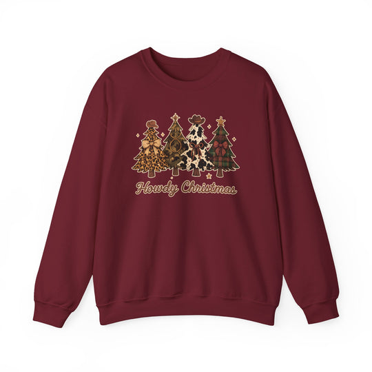 Howdy Christmas Crew sweatshirt featuring four patterned Christmas trees with bows and cowboy hat, complemented by Howdy Christmas script, ideal for cozy, festive wear.