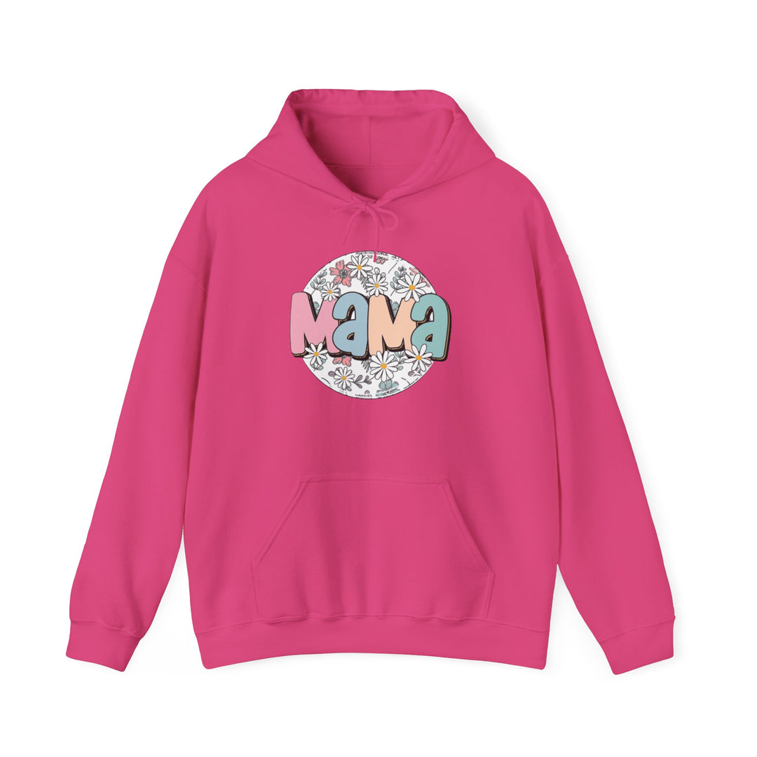 A pink Sassy Mama Flower Hoodie, a cozy blend of cotton and polyester with a kangaroo pocket and matching drawstring hood. Unisex, warm, and stylish for chilly days.
