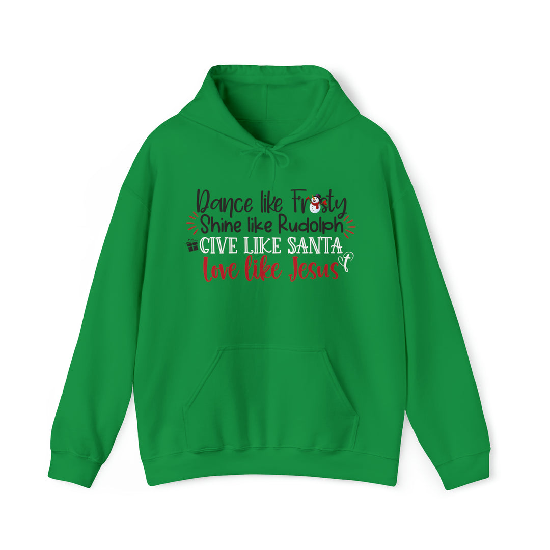 Unisex Love Like Jesus Hoodie, a green sweatshirt with words, ribbed knit collar, and durable tape on shoulders. Classic fit, 100% cotton, versatile staple from Worlds Worst Tees.