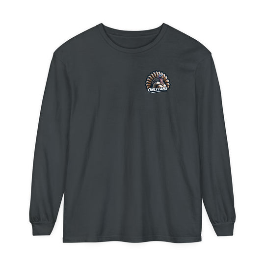 A black long-sleeve tee with a turkey logo, perfect for casual wear. Made of soft 100% ring-spun cotton, garment-dyed, and featuring a relaxed fit for comfort. Product title: Only Fans Hunting Long Sleeve T-Shirt.