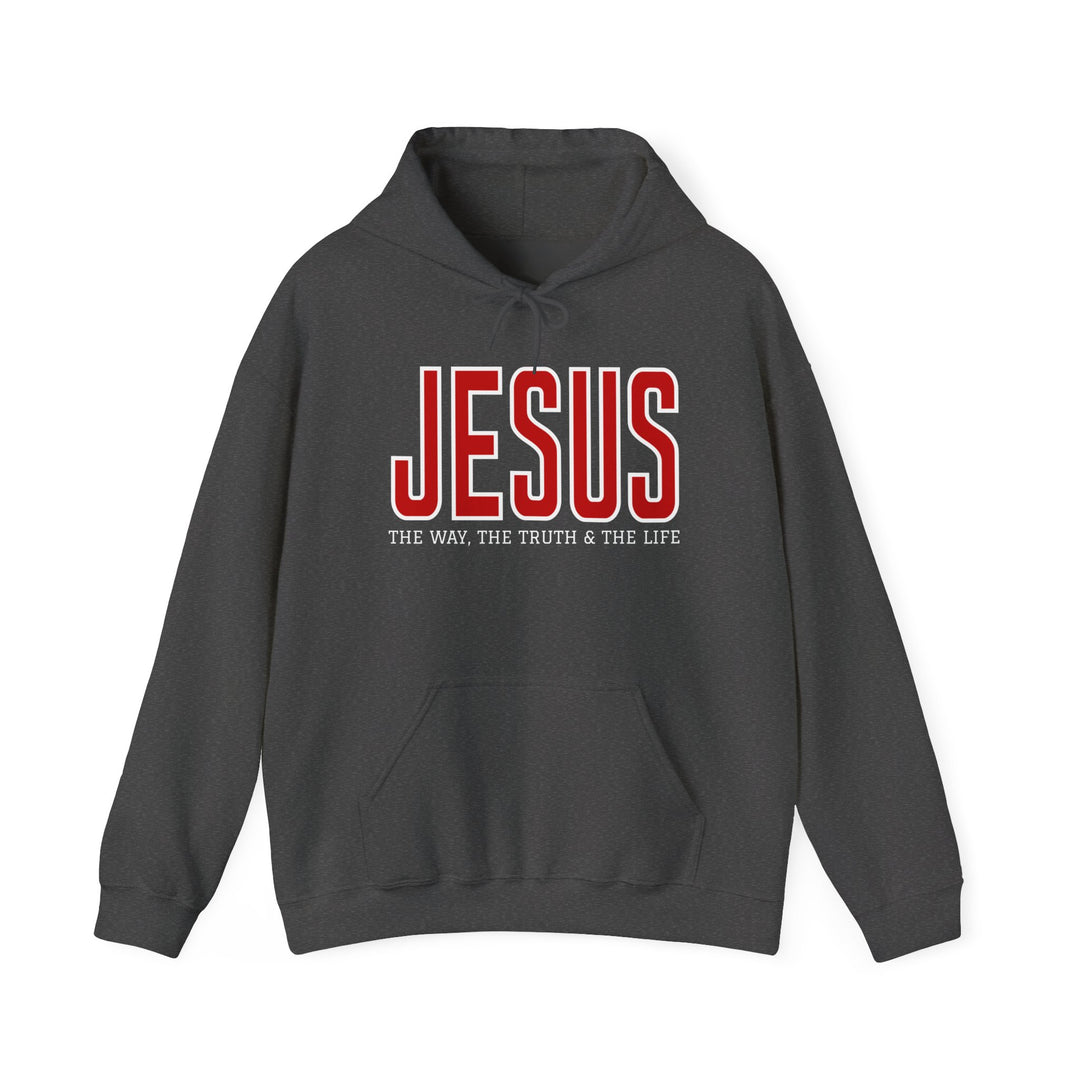Jesus, the Way, the Truth, the Life Hoodie featuring bold red 'JESUS' text and smaller white text on a charcoal pullover with kangaroo pocket and drawstrings.