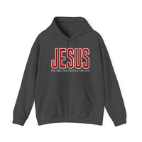 Jesus, the Way, the Truth, the Life Hoodie featuring bold red 'JESUS' text and smaller white text on a charcoal pullover with kangaroo pocket and drawstrings.