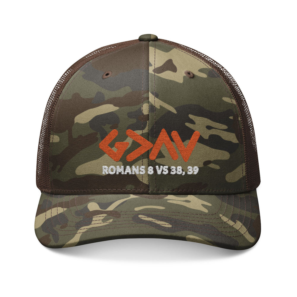 God is Greater Camouflage Trucker Hat (Embroidery) with camo print, structured 6-panel design, breathable mesh back, adjustable snap closure, and matching fabric under-visor.