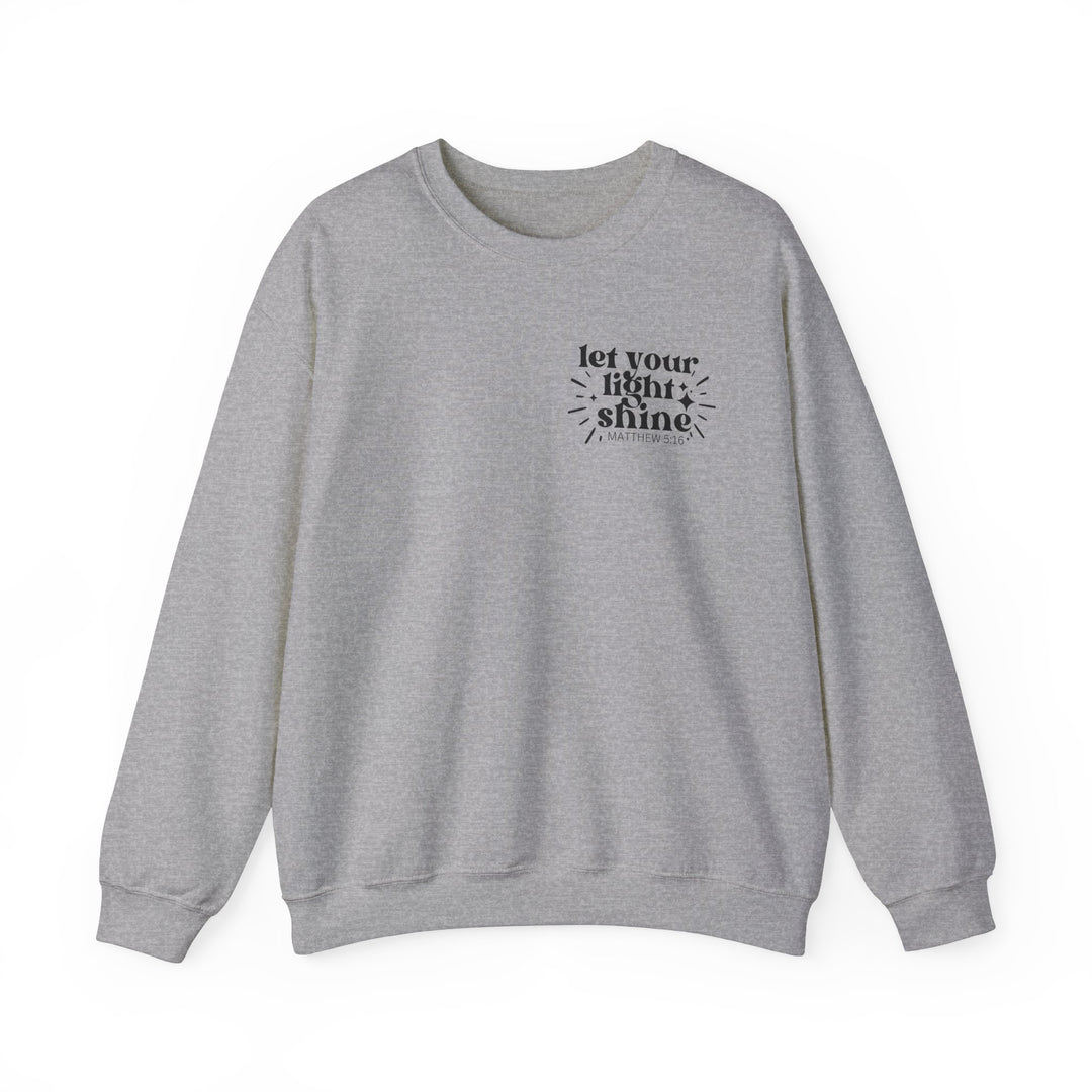 Unisex Let Your Light Shine Crew sweatshirt, sizes S to 5XL. Polyester-cotton blend, ribbed knit collar, no itchy seams. Medium-heavy fabric, loose fit, sewn-in label. Ideal for comfort and style.