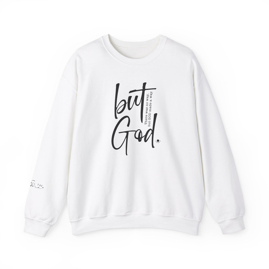 A unisex heavy blend crewneck sweatshirt featuring the 'But God Crew' design. Made from 50% cotton and 50% polyester, with ribbed knit collar and double-needle stitching for durability. No itchy side seams, ideal for colder months.