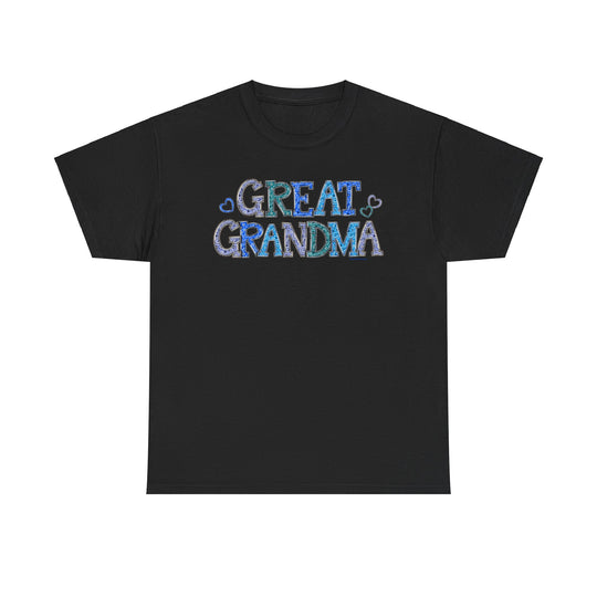 A classic Great Grandma Tee, black with bold text, unisex heavy cotton, no side seams, durable tape on shoulders, ribbed knit collar, 100% cotton. Sizes S-5XL. Classic fit.