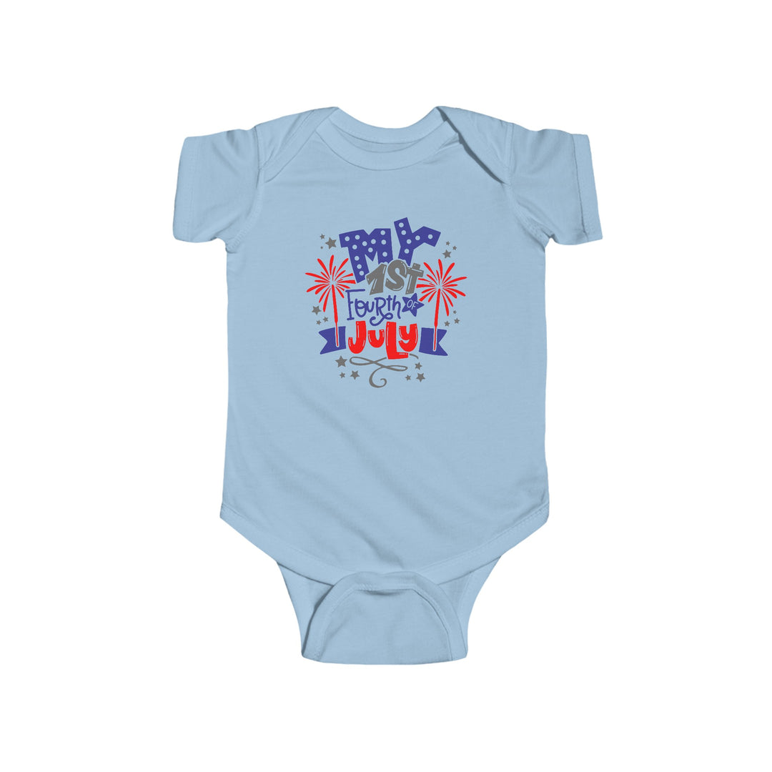 A baby bodysuit featuring a graphic design of fireworks, crafted from 100% combed ringspun cotton. Durable ribbed bindings, plastic snaps for easy changes. Ideal for My 1st 4th of July celebration.