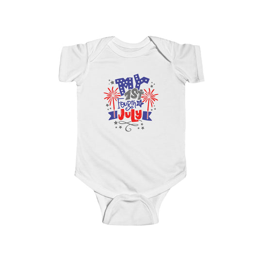 A white baby bodysuit with a patriotic red, white, and blue design, ideal for celebrating the 4th of July. Made of 100% cotton, featuring ribbed bindings for durability and plastic snaps for easy changing access.