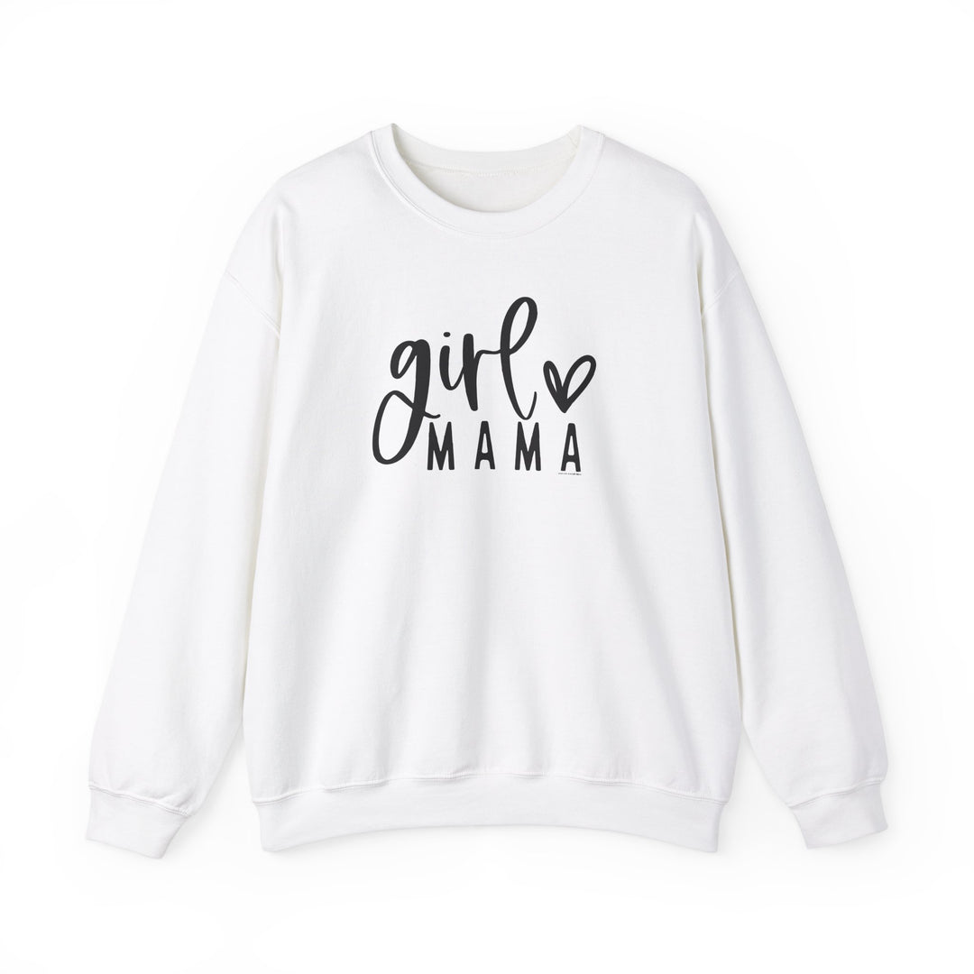 Unisex Girl Mama Crew heavy blend sweatshirt, white with black text. Ribbed knit collar, no itchy side seams. 50% cotton, 50% polyester, loose fit, medium-heavy fabric. Ideal comfort for any occasion.