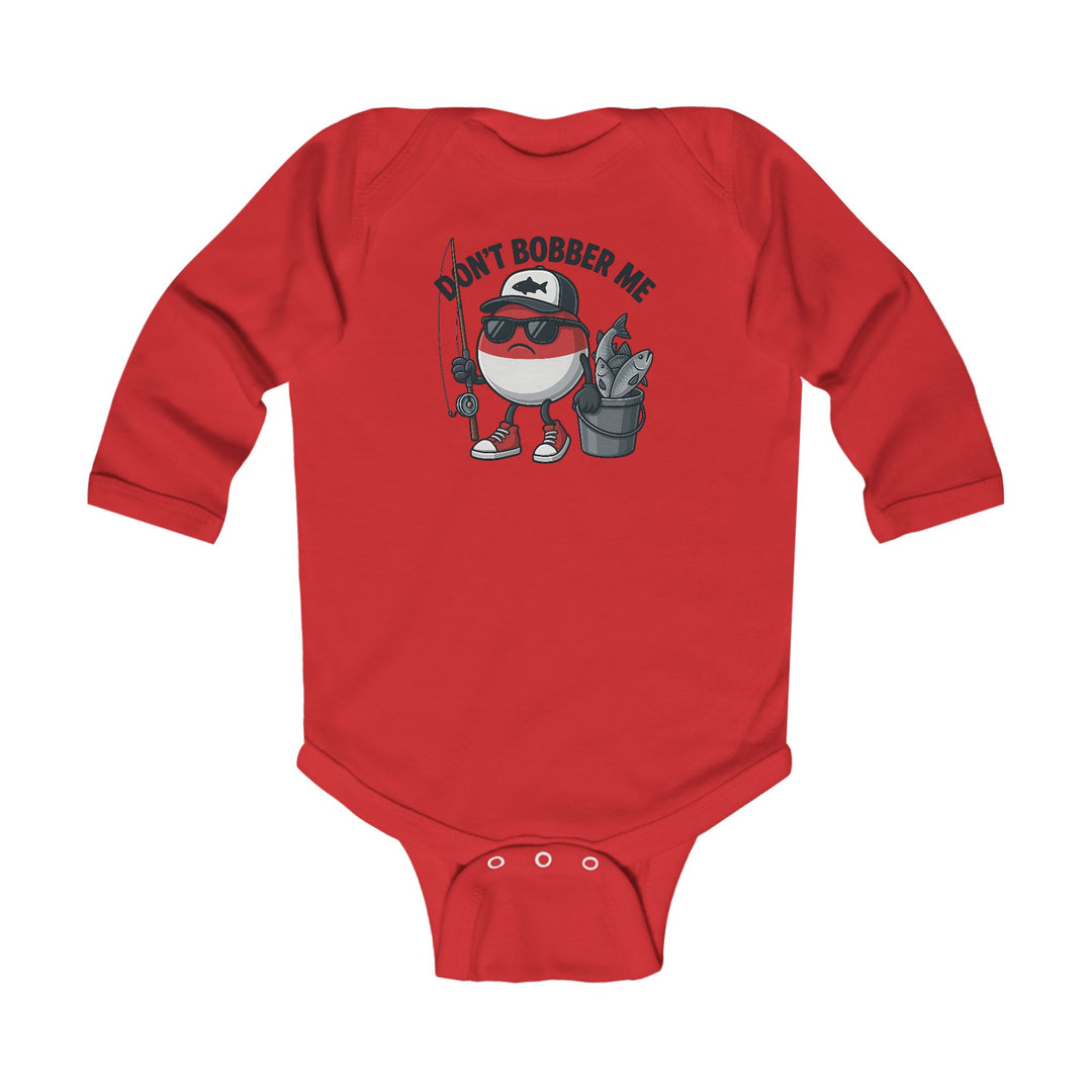 Don't Bobber Me Long Sleeve Onesie featuring a cartoon fishing bobber with sunglasses, holding a rod and fish bucket, perfect for babies' comfort and style.