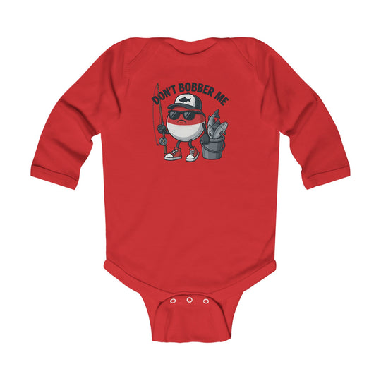 Don't Bobber Me Long Sleeve Onesie featuring a cartoon fishing bobber with sunglasses, holding a rod and fish bucket, perfect for babies' comfort and style.