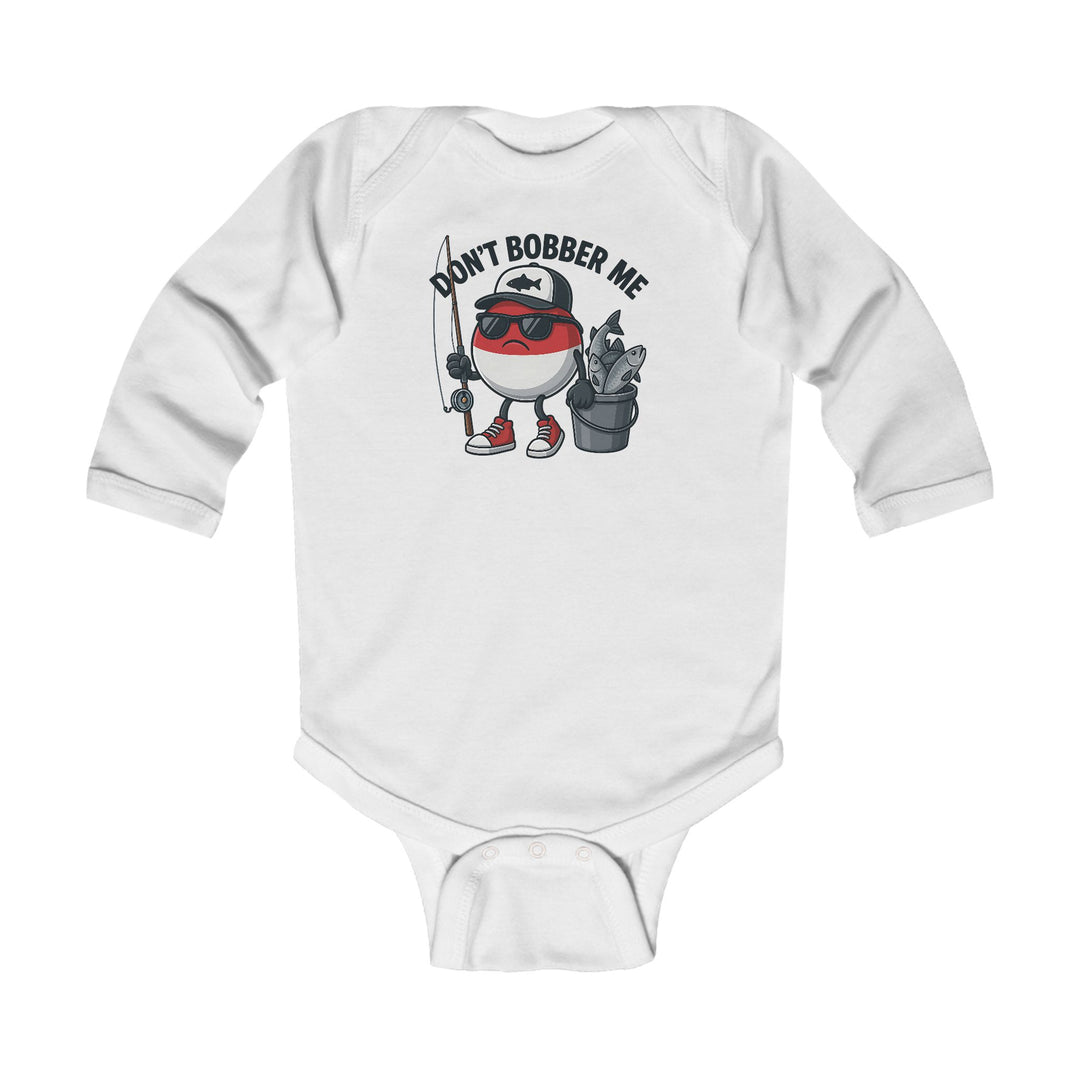 Don't Bobber Me Long Sleeve Onesie featuring a cartoon bobber character with fishing gear, perfect for babies, emphasizing comfort with soft cotton and durable design.