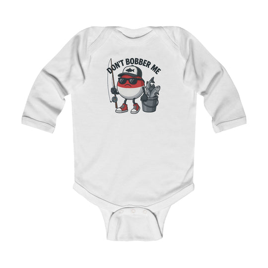 Don't Bobber Me Long Sleeve Onesie featuring a cartoon bobber character with fishing gear, perfect for babies, emphasizing comfort with soft cotton and durable design.