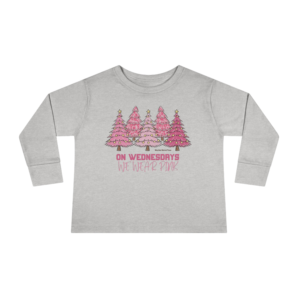 Toddler long-sleeve tee featuring pink trees and words, made of durable 100% combed ringspun cotton. Unisex fit with topstitched ribbed collar, perfect for the youngest trendsetters. From 'Worlds Worst Tees'.