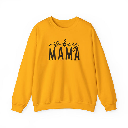 A Boy Mama Crew unisex heavy blend crewneck sweatshirt in yellow with black text. Made of 50% cotton, 50% polyester, ribbed knit collar, no itchy side seams, loose fit, medium-heavy fabric.