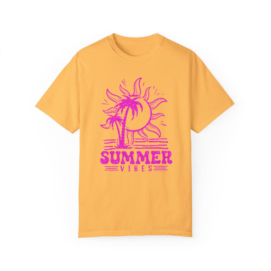 A relaxed fit Summer Vibes Tee in yellow with a pink sun and palm tree design. 100% ring-spun cotton, garment-dyed for coziness, double-needle stitching for durability, and seamless sides for a tubular shape.