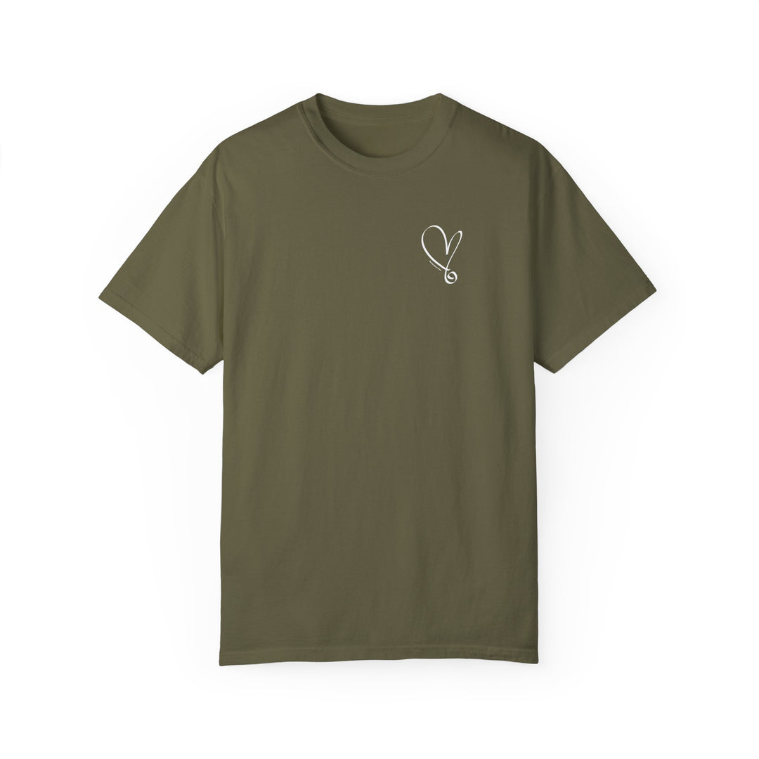 Relaxed fit I am Beautiful Tee, a green t-shirt with heart and stethoscope design. 100% ring-spun cotton, garment-dyed for coziness. Durable double-needle stitching, no side-seams for tubular shape.