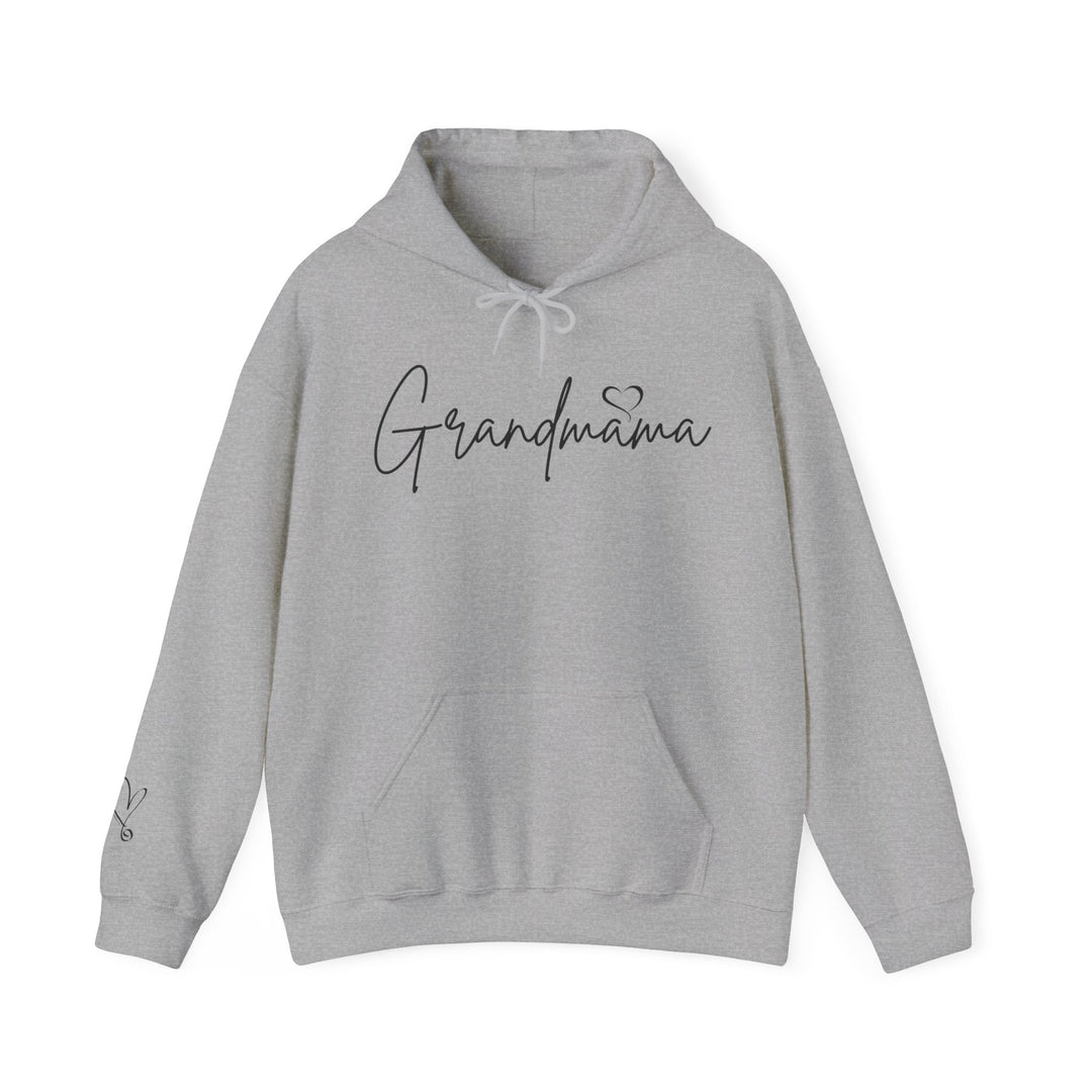 A Grandmama Hoodie, a cozy blend of cotton and polyester, featuring a kangaroo pocket and drawstring hood. Classic fit, tear-away label, ideal for printing. Unisex, heavy fabric for warmth and comfort.