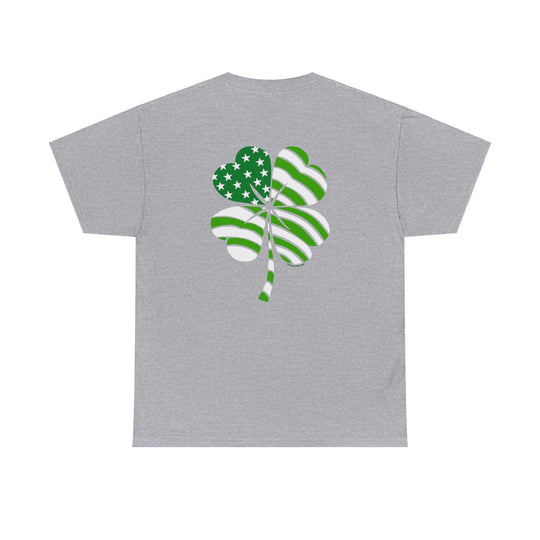 Unisex USA Clover Tee, featuring a green and white clover design on a grey shirt. Classic fit with ribbed knit collar, tape shoulders, and no side seams for comfort. Medium weight fabric, 100% cotton.