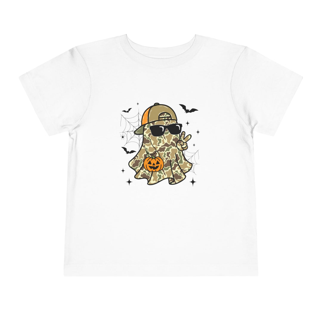 Candy Ghost Toddler Tee featuring a cartoon ghost in camo, sunglasses, and cap, with playful Halloween elements. Made from soft, comfortable cotton for kids.