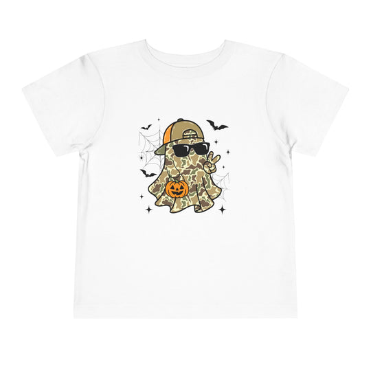 Candy Ghost Toddler Tee featuring a cartoon ghost in camo, sunglasses, and cap, with playful Halloween elements. Made from soft, comfortable cotton for kids.