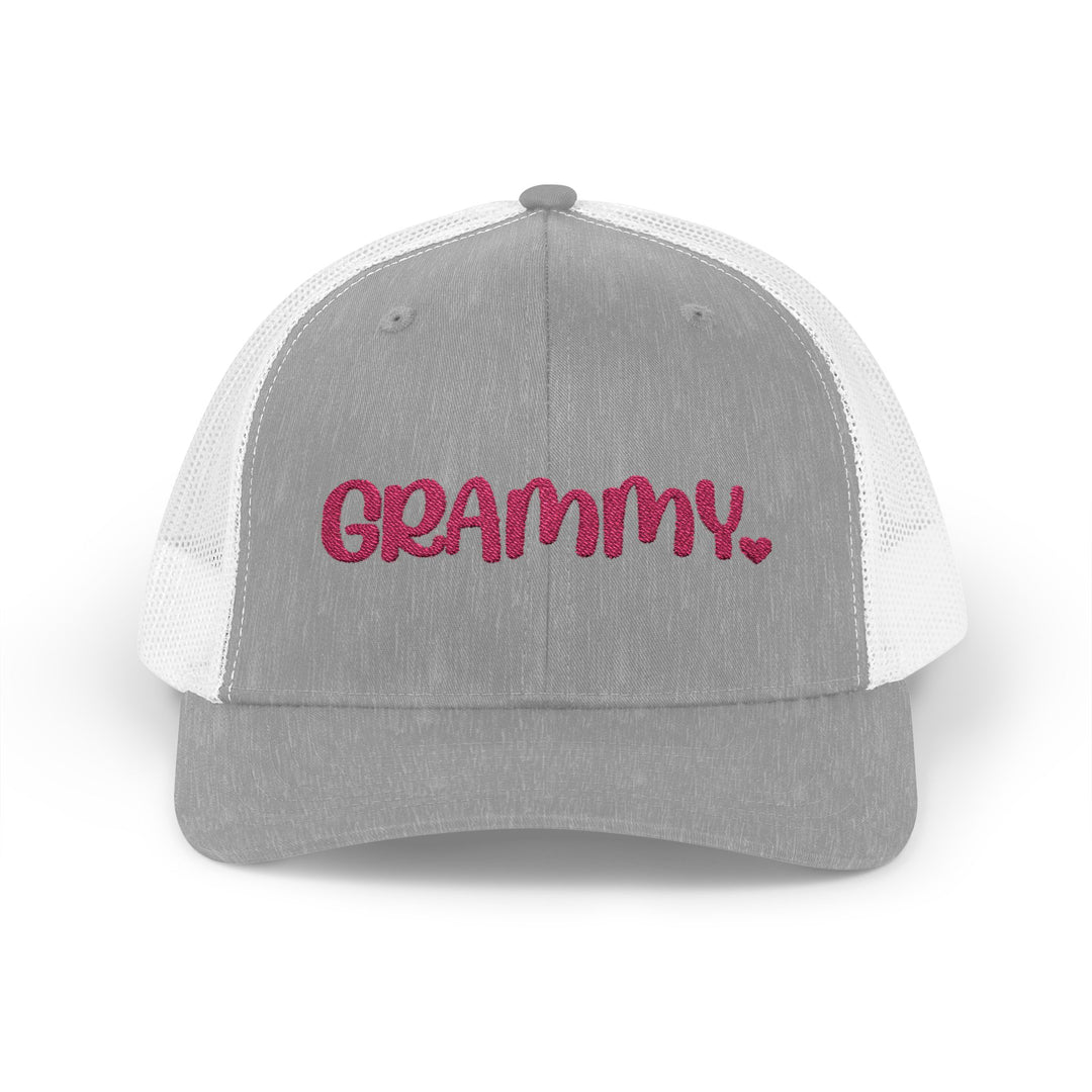 Grammy Snapback Trucker Cap with mid-profile fit, pre-curved visor, adjustable snap closure, and mesh back for breathability, ideal for casual style.