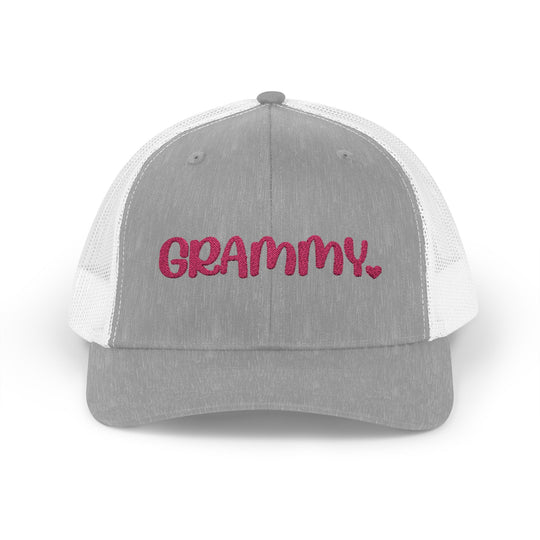 Grammy Snapback Trucker Cap with mid-profile fit, pre-curved visor, adjustable snap closure, and mesh back for breathability, ideal for casual style.