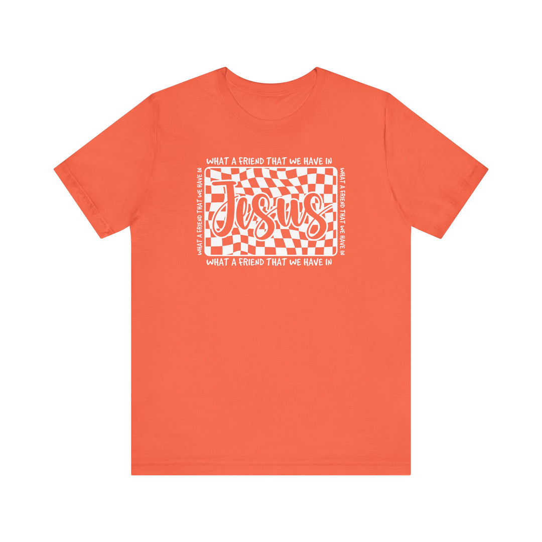 What A Friend We Have in Jesus Tee, a unisex jersey short sleeve shirt, features ribbed knit collars, shoulder taping, and dual side seams for lasting shape retention.