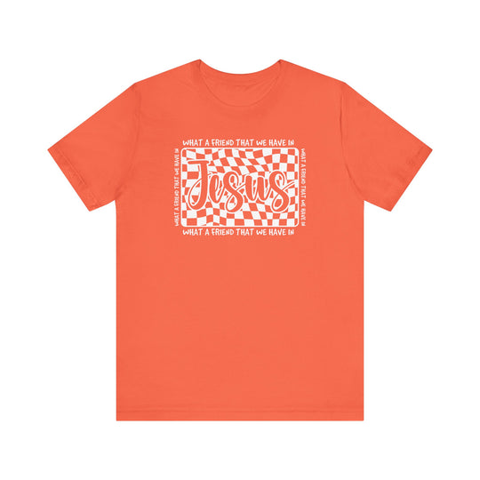 What A Friend We Have in Jesus Tee, a unisex jersey short sleeve shirt, features ribbed knit collars, shoulder taping, and dual side seams for lasting shape retention.