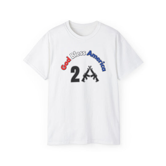 God Bless America 2A Tee: White unisex cotton t-shirt featuring a gun logo, text, and 2A design. Classic fit with ribbed collar, sustainably sourced. No side seams for a clean look.