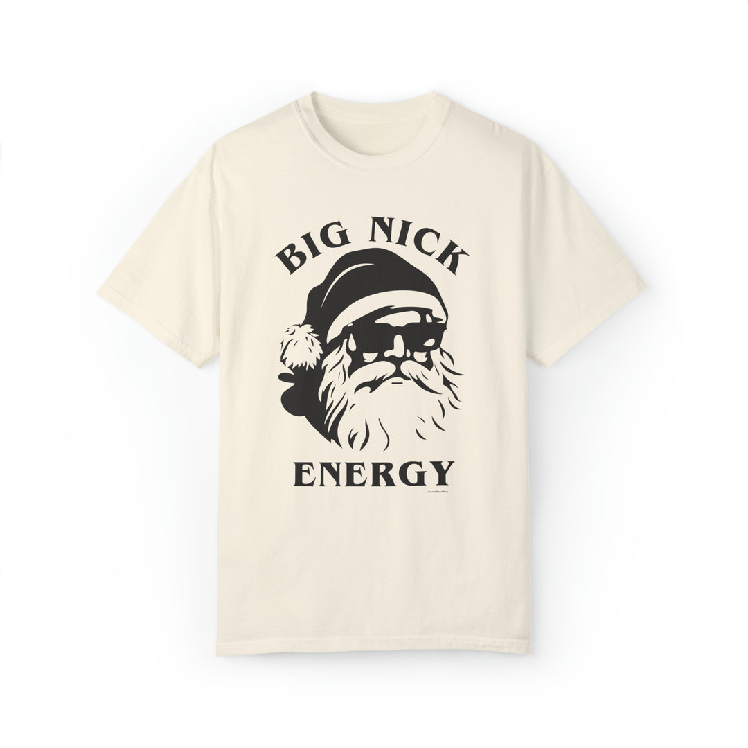 A white t-shirt featuring a face of Santa Claus, embodying the Big Nick energy Tee style. Unisex, garment-dyed sweatshirt with 80% ring-spun cotton and 20% polyester, offering luxurious comfort and a relaxed fit.