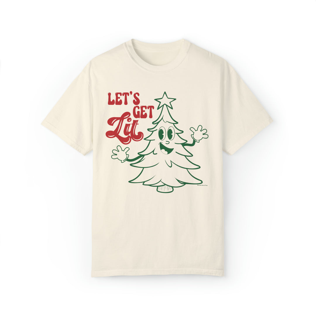 A white t-shirt featuring a cartoon Christmas tree and text, part of the Let's Get Lit Tee collection at Worlds Worst Tees. Unisex, garment-dyed sweatshirt made of 80% ring-spun cotton and 20% polyester with a relaxed fit and rolled-forward shoulder.
