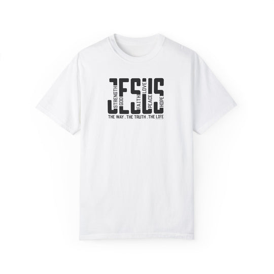 Relaxed fit Jesus Tee, white t-shirt with black text. 100% ring-spun cotton, soft-washed, durable double-needle stitching, tubular shape. Ideal for daily wear.