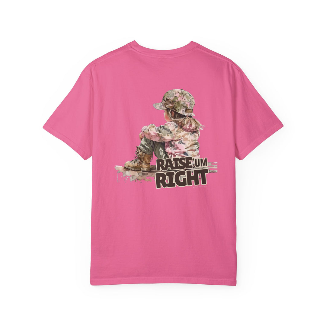 A relaxed fit Raise Um Right Tee in pink, featuring a child's illustration. Made of 100% ring-spun cotton for coziness, with double-needle stitching for durability. From Worlds Worst Tees.
