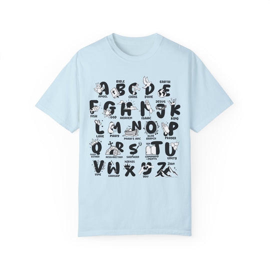 Relaxed fit Bible Alphabet Tee in ring-spun cotton. Soft-washed, garment-dyed fabric for coziness. Double-needle stitching for durability, seamless design for shape retention. Sizes: S-3XL.