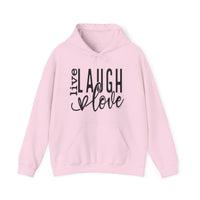 A cozy Live Laugh Love Hoodie, a blend of cotton and polyester, featuring a kangaroo pocket and matching drawstring hood. Unisex, medium-heavy fabric, tear-away label, true to size.