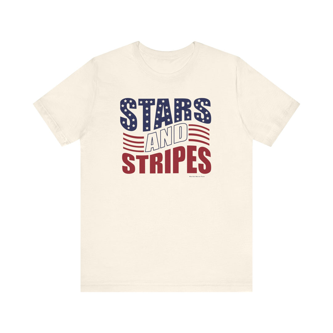 A classic Stars and Stripes Tee in white with red and blue text, featuring a patriotic design. Unisex jersey tee made of 100% cotton, with ribbed knit collars and taping on shoulders for a comfortable fit.