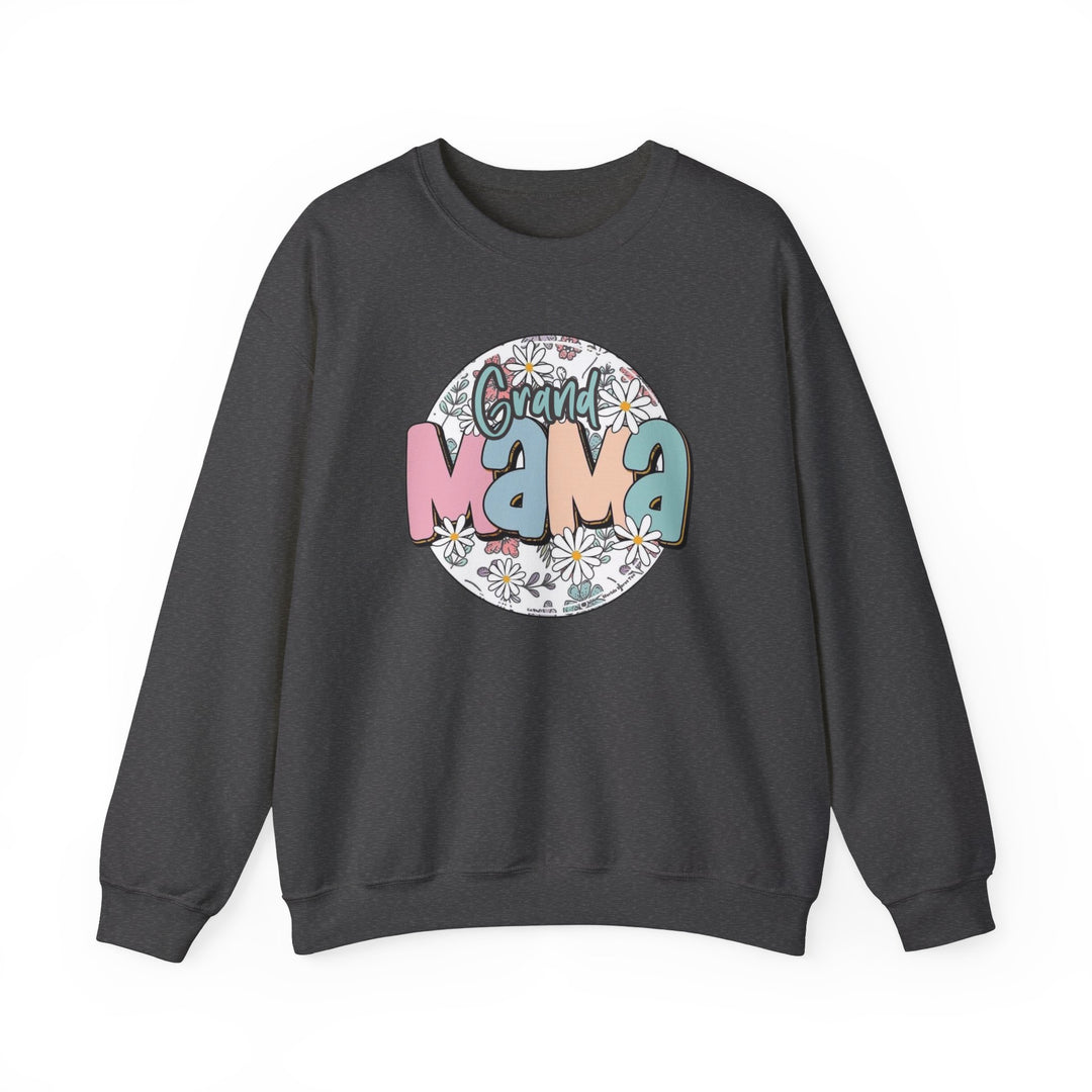 A unisex heavy blend crewneck sweatshirt featuring a white circle with colorful text, ideal for any occasion. Sassy Grand Mama Flower Crew: 50% cotton, 50% polyester, medium-heavy fabric, loose fit, ribbed knit collar.