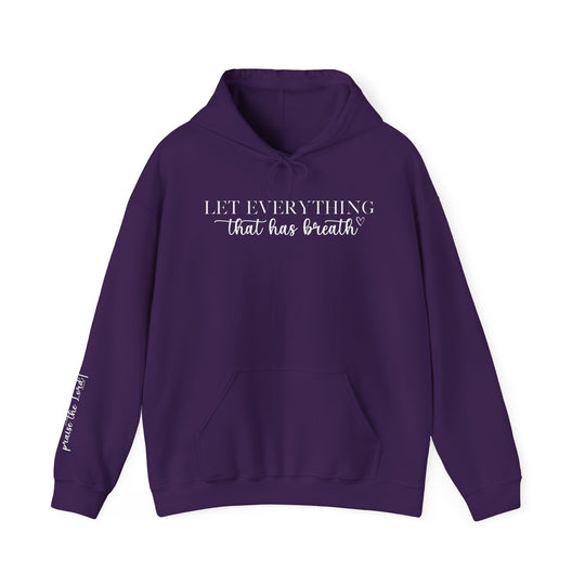 A cozy unisex Let Everything That Has Breath Praise the Lord Hoodie in purple with white text. Features a kangaroo pocket and matching drawstring, made of 50% cotton and 50% polyester blend. Classic fit, medium-heavy fabric.