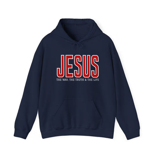 Navy-blue hoodie featuring JESUS in bold red letters and THE WAY, THE TRUTH & THE LIFE beneath, with kangaroo pocket and drawstring hood.