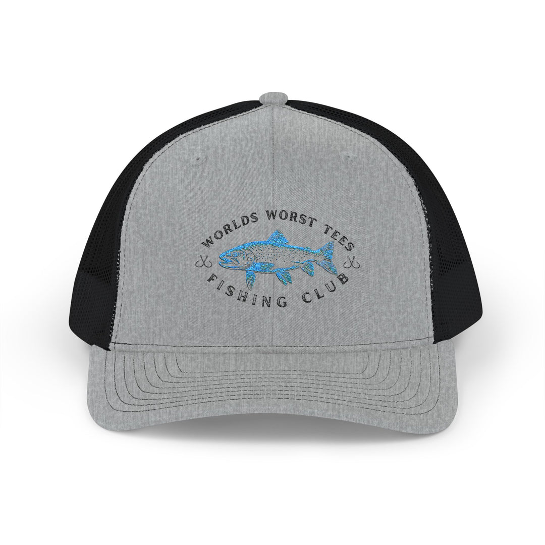 Close-up of the WWT Fishing Club Snapback Trucker Cap featuring a grey and black design with a fish logo, showcasing its classic 6-panel construction.