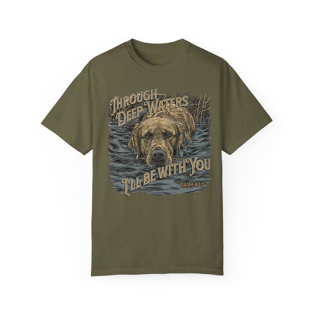 A relaxed fit, garment-dyed t-shirt featuring a dog design titled Through Deep Waters Hunting Tee. Made of 100% ring-spun cotton for coziness and durability, with double-needle stitching and no side-seams for a tubular shape.