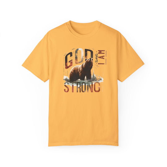 A relaxed fit I Am Strong Tee, featuring a bear graphic on a yellow background. Made of 100% ring-spun cotton, with double-needle stitching for durability and a seamless design for comfort.